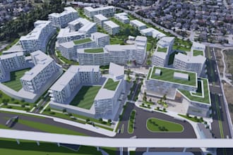 render 3d cohousing community,urban greenery,zoning blending, public square area