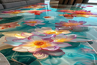design stunning 3d floor illusion, anamorphic pavement art, wall and carpet