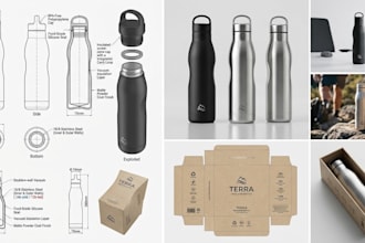 design a premium 3d insulated water bottle with packaging design