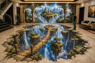 design stunning 3d floor illusion, anamorphic pavement art carpet and mural wall