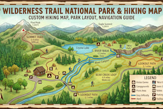 do custom hiking map park layout, navigation map, tourist and trail illustration