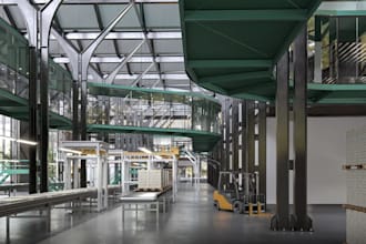 reform 3d manufacturing industry, factory plant,factory layout, warehouse render