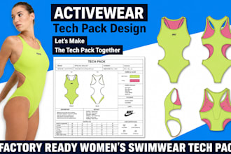 create swimwear tech pack with flat sketches, bom and for manufacturing