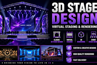 do classic 3d stage design, virtual staging, 3d rendering, event stage design