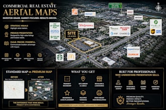 create cre aerial map with google maps, logo, site arrow and property boundary