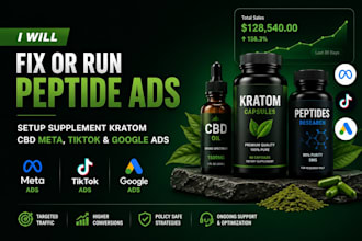 fix or run peptide ads, setup supplement kratom cbd meta, tiktok and google ads