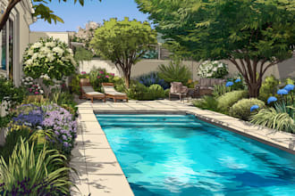 do landscape garden design, backyard, pool and terrace