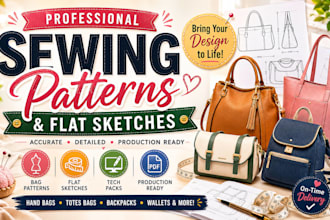 create digital bag sewing pattern design, grading, tech pack and flat sketches