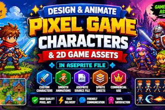 design and animate pixel game character, 2d art game asset in aseperite file