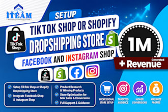 setup tiktok shop or shopify dropshipping store, facebook and instagram shop