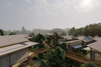 cgi rainforest lodge,site visualization,rooftop decks,cottage render,plunge pool