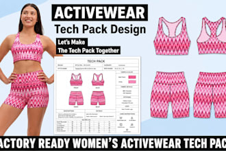 create womens activewear tech pack with flat sketches bom and for manufacturing
