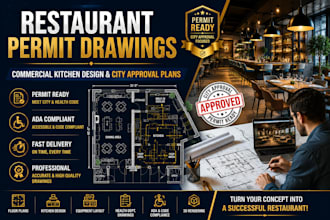design restaurant permit drawings, commercial kitchen design and cafe floor plan