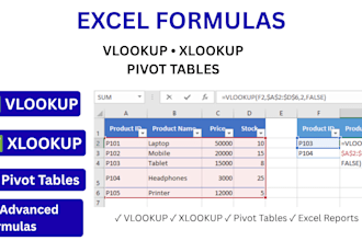 create excel formulas, vlookup, xlookup and pivot tables