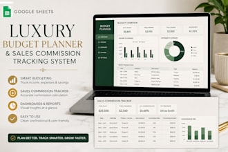 create luxury budget planner and sale commission tracking system in google sheet