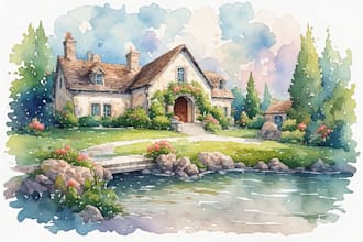 create house and building photo into watercolor art