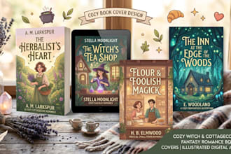 design a cozy witch or cottagecore fantasy romance book cover