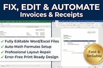 editable, changes and replace invoice, receipt, billing in word or excel