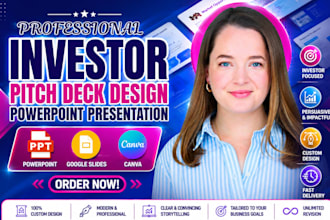 design investor pitch deck, investor presentation design and startup pitch deck