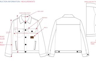 create denim technical flat sketch according to mood board