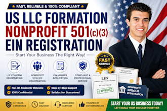 do US llc company registration, nonprofit 501c3 and ein filing