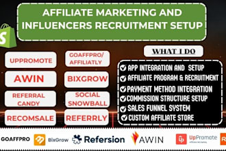 setup goaffpro, uppromote or awin affiliate and influencer recruitment program