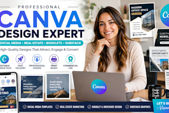design canva templates, real estate flyers, booklets and substack graphics