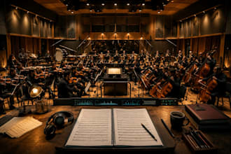 orchestrate cinematic music for full strings, woodwinds, brass, and percussion