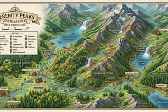 design hiking map, trail map, park map, and outdoor adventure location map