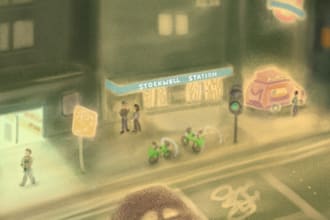draw a urban city scene with characters