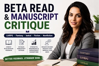 beta read litrpg fantasy, isekai novel fiction or nonfiction manuscript critique