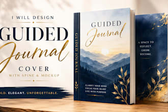 design a guided jourrnal cover with spine and mockup