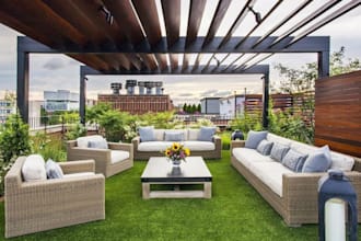 design luxury outdoor spaces, terraces, patios, porches, and roof gardens
