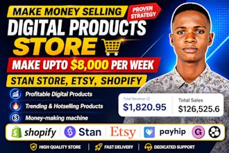 setup shopify digital product store, stan store, etsy shop, digital products