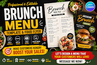 design brunch menu template, canva menu, food flyer, restaurant menu editable