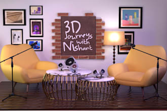 design a 3d podcast studio, recording room, broadcast studio, media studio