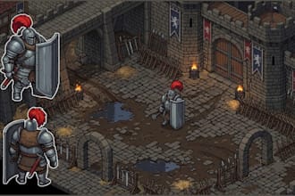 draw 2d pixel game art character sprite sheet pixel animation pixel map tilesets