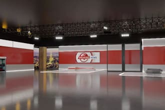 design a 3d news studio, TV broadcast set, virtual studio, and talk show stage
