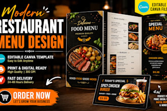 design restaurant menu, food flyer, canva menu template, editable restaurant pro