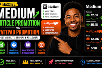 do massive medium article promotion, wattpad promotion, boost medium followers