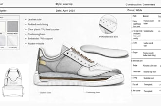 design custom shoe,sneaker concept sketches and techpack ready for manufacturer