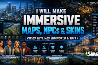 make immersive maps, npcs, and skins for cities skylines, rimworld, sims 4