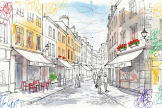 make a sketch with scribbles and watercolor