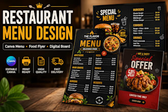 design canva restaurant menu, food flyer, digital menu board and cafe branding