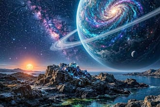 draw epic sci fi artwork with spaceships and planets