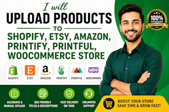 upload products to shopify, etsy, amazon, printify, printful, woocommerce store