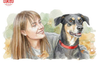 draw a realistic watercolor portrait of you and your pet