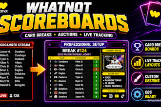 design custom whatnot scoreboards and card break boards for live streams