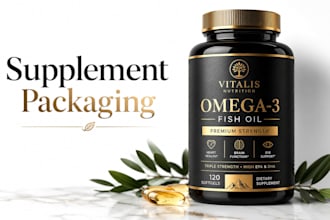 design modern supplement packaging, vitamin label and fitness product branding