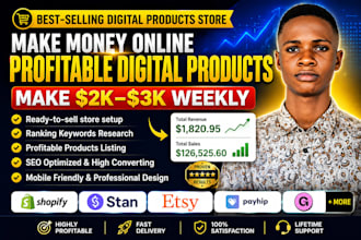 setup 7figure shopify digital product store, etsy shop, stan store digital store